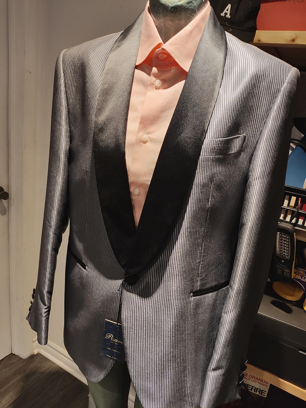 Grey Pisano Pinstripe Shawl Lapel Suit Jacket with Black Trim 54R